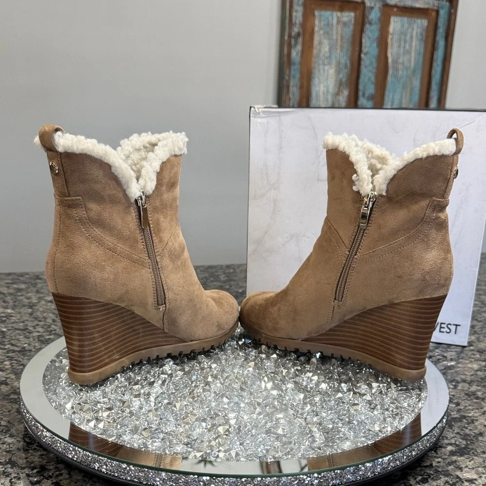 Nine West Camino 2 Brown Wedge Sherpa lined Boots with Shearling Trim 7